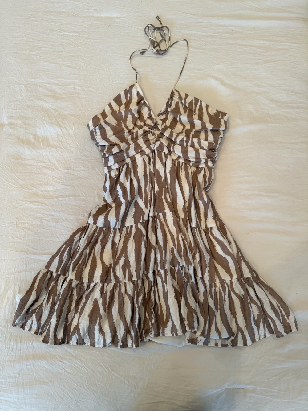 Halter Zebra-Print Tiered Dress in Brown and White